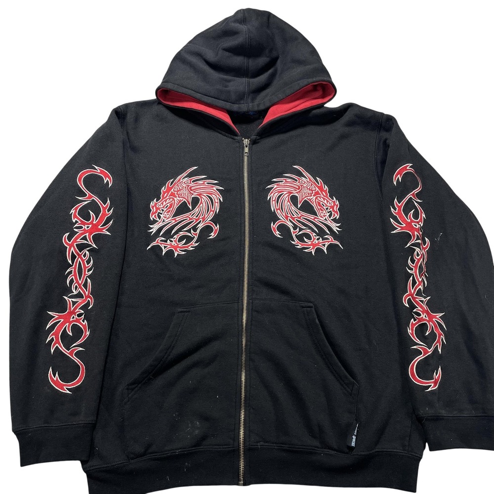 Silver Point Vintage Y2K Dragon Graphic Zip Up Hoodie Mens Black Red XL Fits M